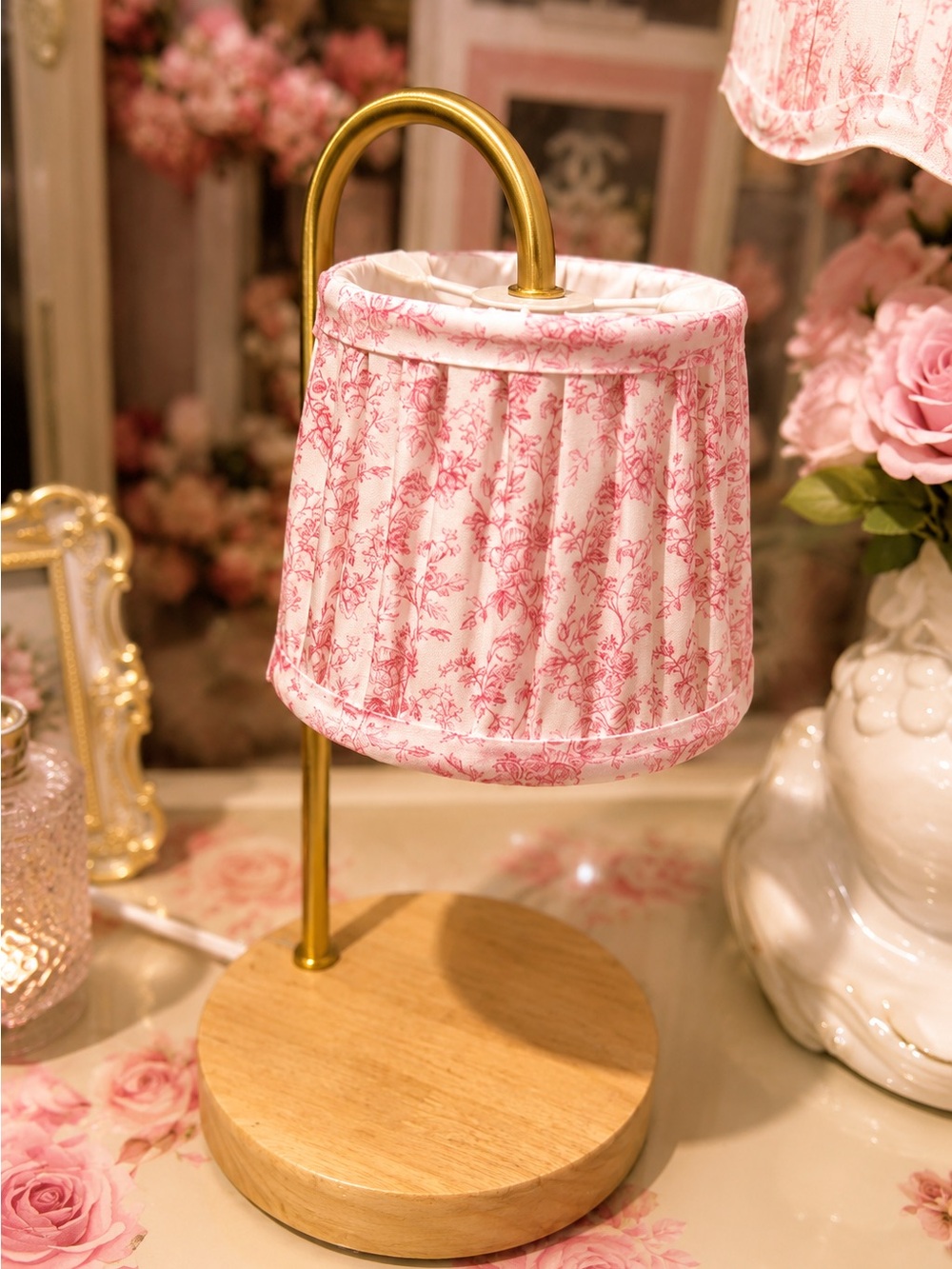 Pink Toile Fabric Table Lamp with Wood Base